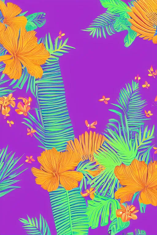 Prompt: moody Intricate detailed vector illustration of tropical flowers and green reeds, multiple cohesive colors ranging from warms purples to bright oranges on a ((very dark background)), 4K resolution