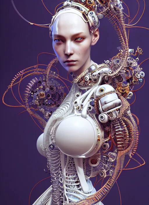 Image similar to portrait of an absurdly beautiful, graceful, sophisticated, fashionable cyberpunk mechanoid, hyperdetailed illustration by irakli nadar and alexandre ferra, intricate linework, white porcelain skin, faberge, coral headdress, unreal engine 5 highly rendered, global illumination, radiant light, detailed and intricate environment