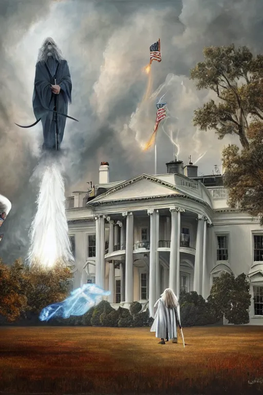 Prompt: gandalf attacks the white house, oil on canvas, intricate, 8 k highly professionally detailed, hdr, cgsociety