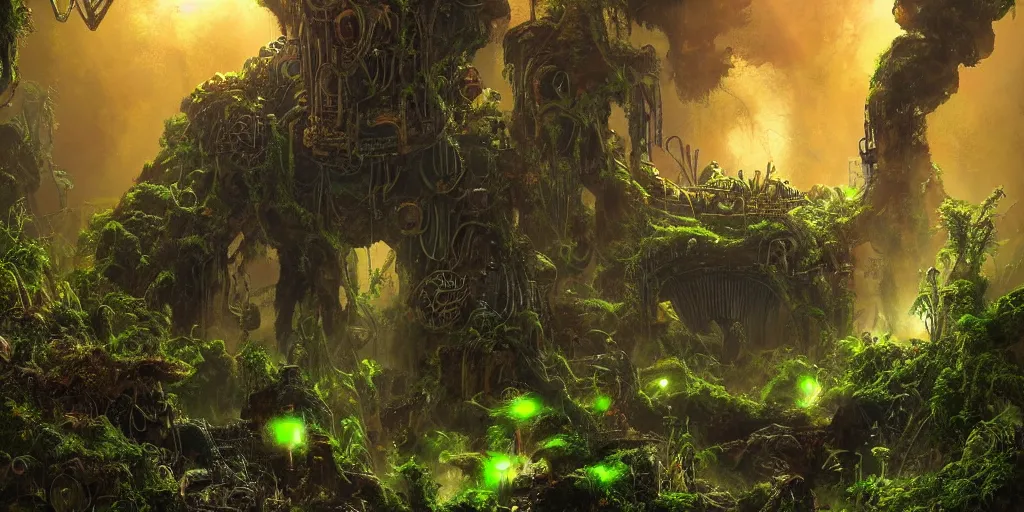 Image similar to magnificent mechanical steampunk robotlike creature looking eerily into a cave entrance with lush vegetation and mystical (((glowing algae))) in the sunset, light coming through from holes in the ceiling, desaturated, creepy ambiance, dangerous, sharp focus, highly detailed, artgerm