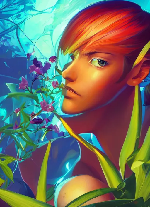 Image similar to symmetry!! samus surrounded by colorful plants, upper body face shot, long straight blonde hair, visible face : : portrait, painting, splash, jesper ejsing, by rhads, makoto shinkai and lois van baarle, ilya kuvshinov, ross tran, borderlands artworks in 4 k