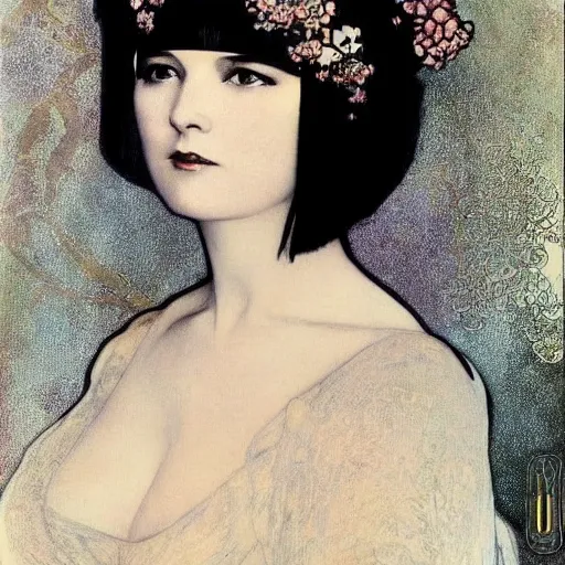 Prompt: louise brooks wearing an elaborate chinese cloud headdress beautiful detailed romantic art nouveau lithograph face portrait by alphonse mucha and gustav klimt, hauntingly beautiful refined moody dreamscape