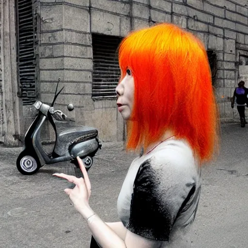 Image similar to the orange - haired vespa queen in hong kong, by stina persson and ruan jia