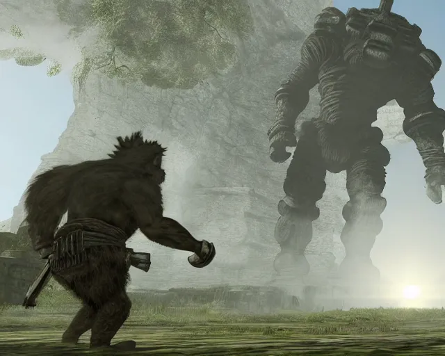 Prompt: big chungus in shadow of the colossus, as a colossus, screenshot