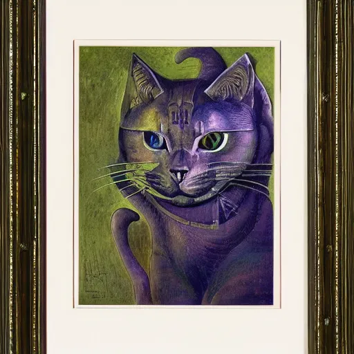 Image similar to ornate mechanical cat, by annie swynnerton and diego rivera and nicholas roerich and jean delville, symbolist, dramatic lighting, elaborate geometric ornament, art brut, colors are soft greens and blues and purple, smooth, sharp focus, extremely detailed, adolf wolfli and ( donato giancola )