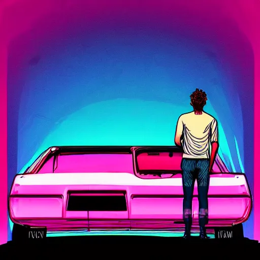 Prompt: a guy leaning against a synthwave car looking off into the sunset in miami, synthwave, vaporwave, digital painting, retro 8 0's box cover art