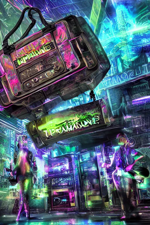 Prompt: photo of a luxury handbag, band merchandise, bandname is tripmachine, tourname is invasion of the tripmachines, realistic digital art, hanbag is textured with a 3 d render of a huge futuristic steampunk generator, 8 k, fluorescent colors, halluzinogenic, multicolored, exaggerated detailed, unreal engine