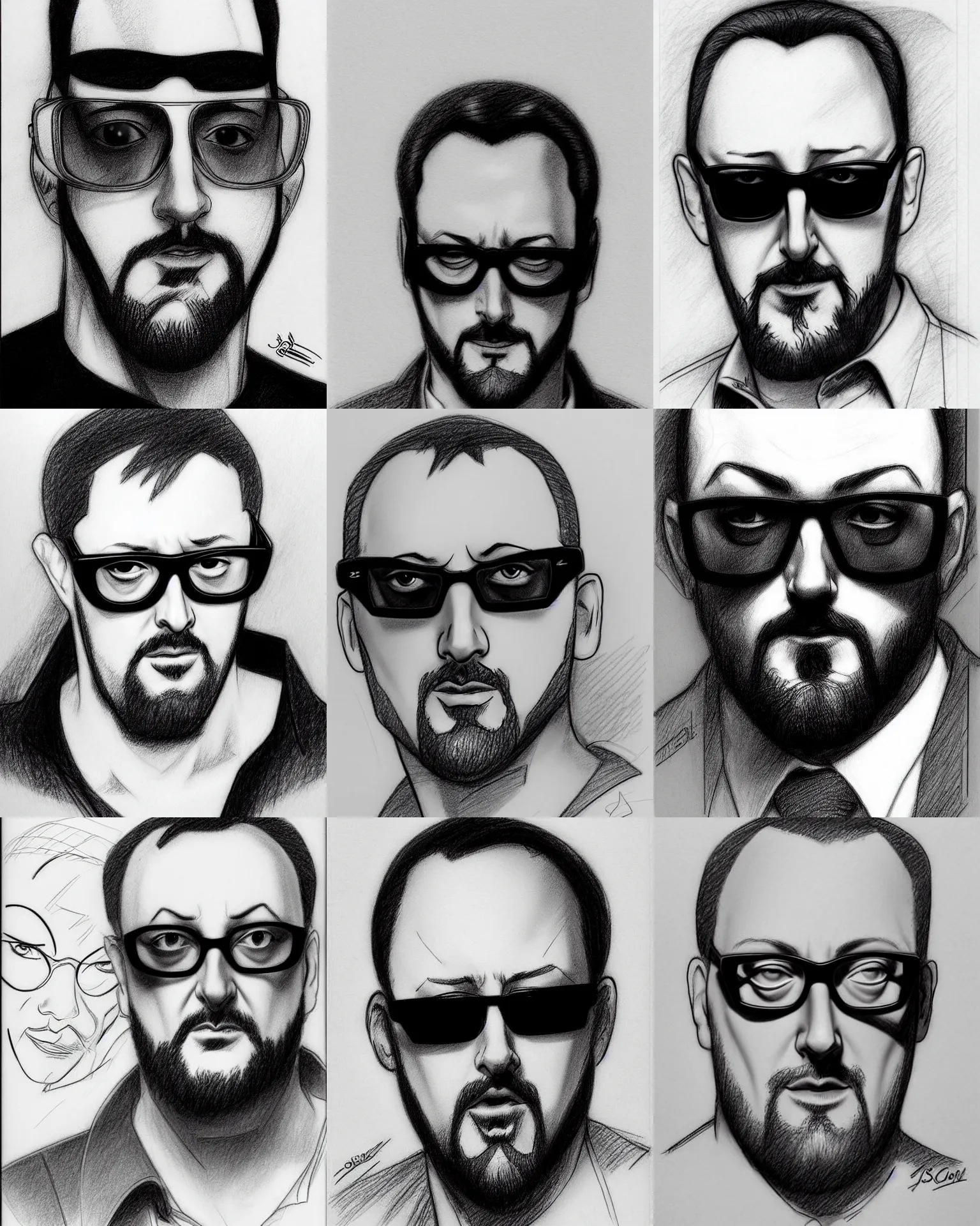 Prompt: j scott campbell!!! pencil sketch by j scott campbell close up headshot of jean reno in black dark windsor tea shades glasses in the style of jim lee