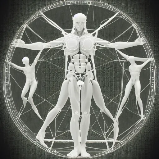 Prompt: beautiful centered fine art photo of vitruvian man as a solarpunk robotic humanoid, white mechanical parts with led lights, bouguereau style pose, photorealistic, white background, highly detailed and intricate, soft box lighting, hdr 8 k