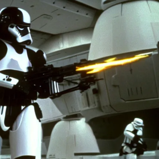 Prompt: a still of jennifer connelly shooting on stormtroopers in the empire strikes back (1980) - W 1080