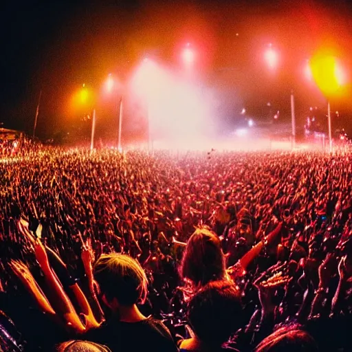 Prompt: a cellphone picture from the perspective of someone in the crowd in a massive concert at a music festival.