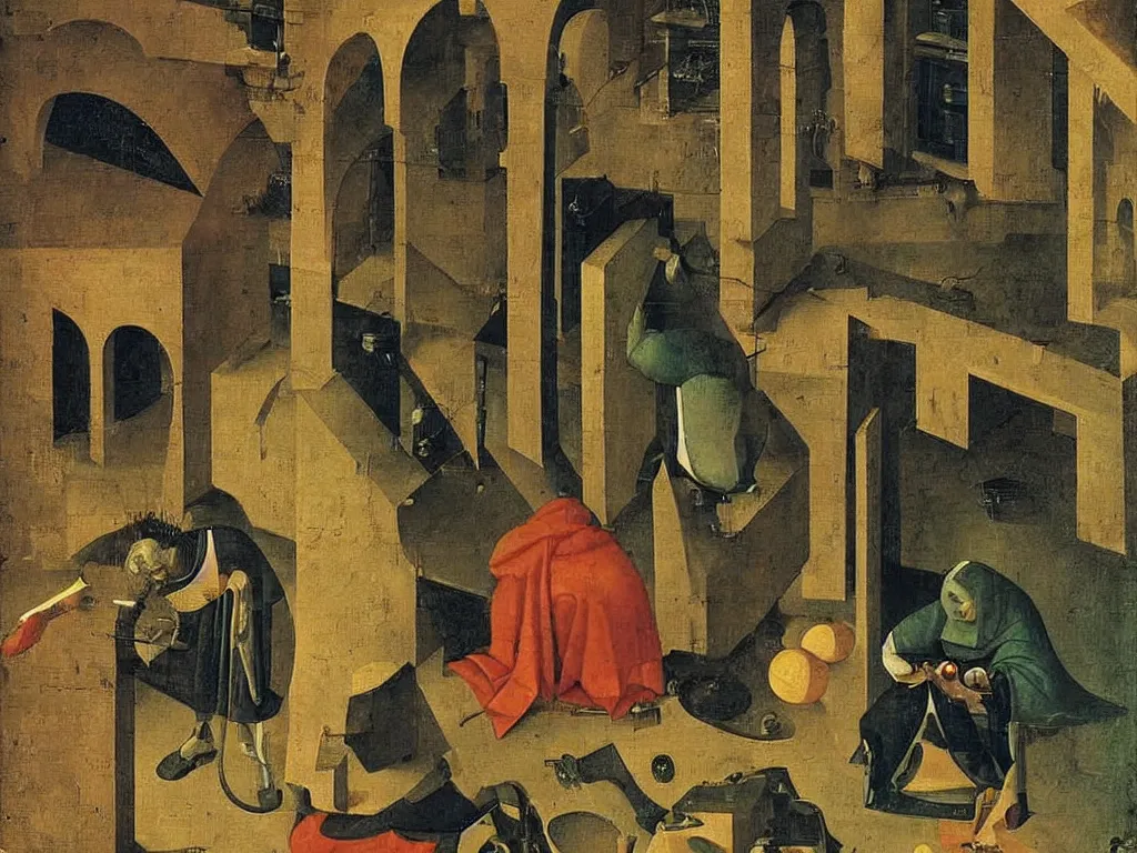 Image similar to obituary for an alchemist at night. simple painting by uccello paolo, bosch