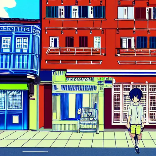 Image similar to anime illustration of young Paul McCartney from the Beatles, wearing a blue and white check shirt, silver sports watch, in front of shophouses in Singapore, relaxing and smiling at camera, white clouds, ufotable