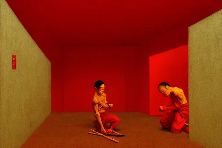 Image similar to only with red, a red samurai do seppuku, tokio, a lot of frogs watch, in the style of beksinski, parts by edward hopper, parts by rodcenko, parts by yue minjun, intricate and epic composition, red by caravaggio, insanely quality, highly detailed, masterpiece, red light, artstation, 4 k