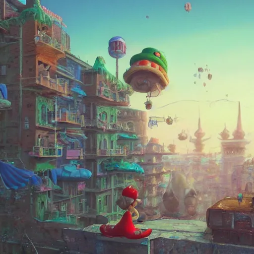 Prompt: A highly detailed matte painting of super mario world city street view of a homeless princess toadstool in tattered bikini in a rundown dark creepy city, by Studio Ghibli, Makoto Shinkai, by Artgerm, by beeple, by Greg Rutkowski, volumetric lighting, octane render, 8K resolution, trending on artstation, masterpiece