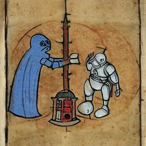 Prompt: page from a 1 4 th century monk's manuscript illustrating an epic battle between r 2 d 2 and!! pepe the frog!!