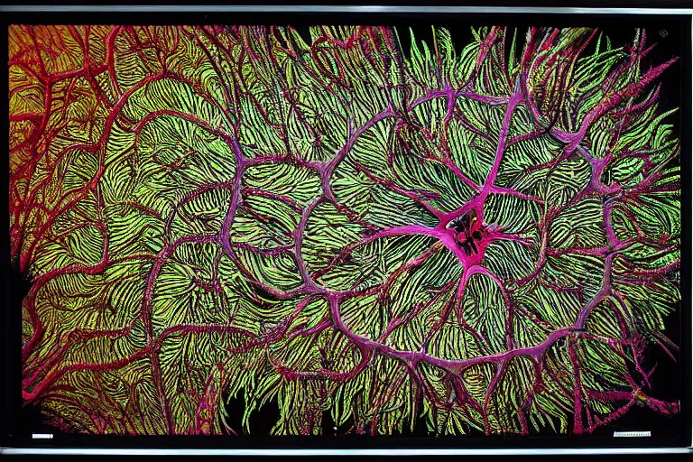 Prompt: nerve plant on an old crt television, by alex grey and ernst haeckel