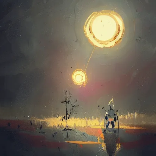 Prompt: a boy and a robot sitting and looking a nuclear explosion smoke mushroom from far away by ismail inceoglu