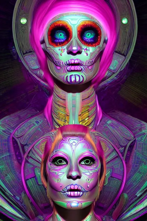 Prompt: ultra detailed female android deity, 8 k, still from a movie!!, flowerpunk, psychedelic vector art!!!, digital painting, sci - fi, fantasy, ( dia de los muertos ), asymmetrical,!! concept art, art by artgerm and giger and michael welan and alphonse mucha and loish and wlop