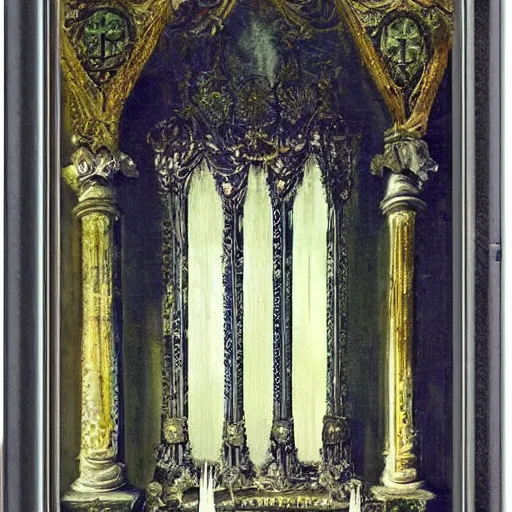 Image similar to A dark throne room with curtains by Gustave Moreau, by Georgia O keeffe