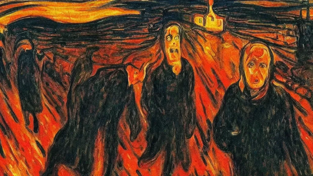 Prompt: a burning town, tragic painting by edvard munch