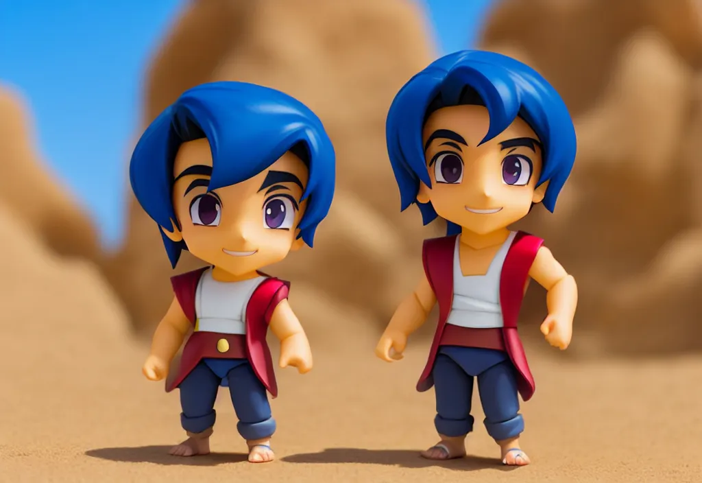 Image similar to side view of young aladdin as nendoroid running in desert village, 8 k hd dof, kodak film,