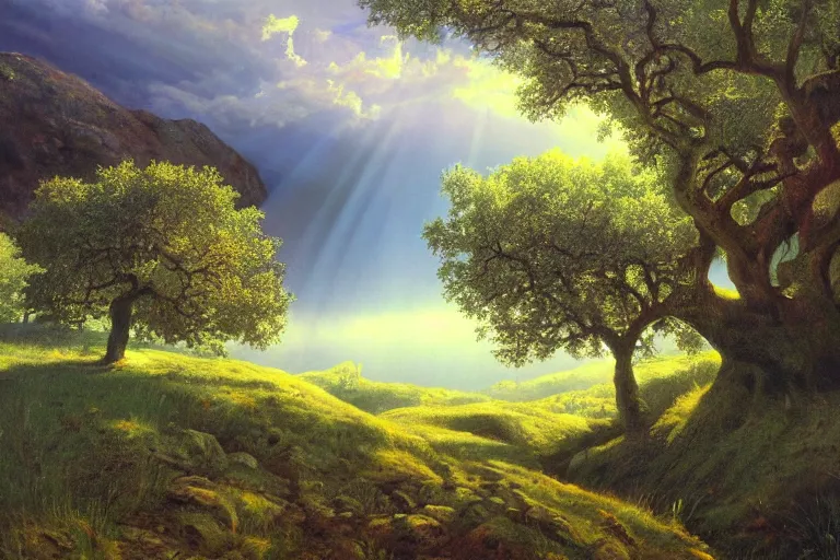 Prompt: masterpiece painting of oak trees on a hillside overlooking a creek nuclear bomb can be visible, dramatic lighting with god rays, by marc davis