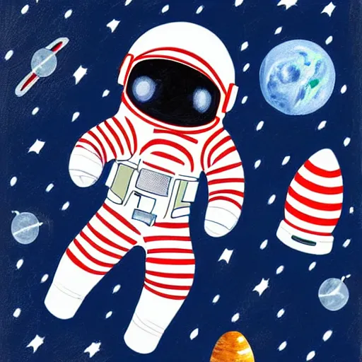 Image similar to painting of astronaut cat in space, candy canes in space, candy cane asteroid belt, candy canes flying in space, cat in astronaut suit in space, cat astronaut avoiding candy cane asteroids, astronaut cat