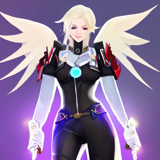 Prompt: digital painting of mercy overwatch, full body, wearing spiked collar and punk outfit, detailed face, detailed eyes,