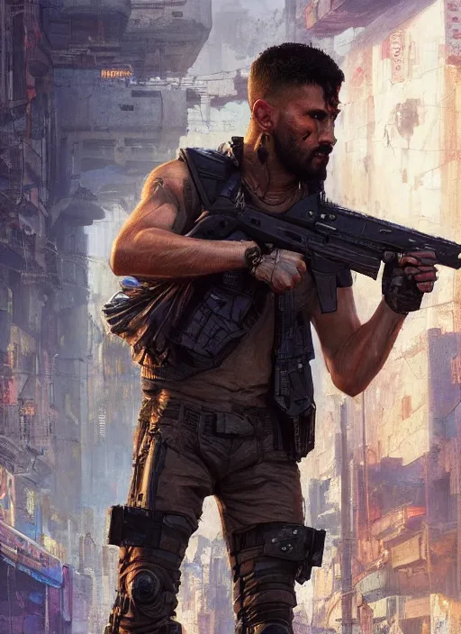 Image similar to 👳♂. cyberpunk mercenary in a military vest ( blade runner 2 0 4 9, cyberpunk 2 0 7 7 ). orientalist portrait by john william waterhouse and james gurney and theodore ralli and nasreddine dinet, oil on canvas. cinematic, hyper realism, realistic proportions, dramatic lighting, high detail 4 k