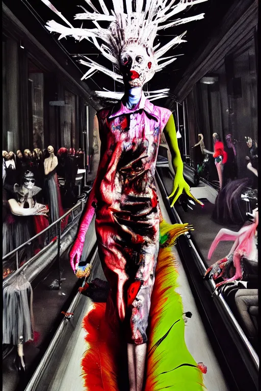 Image similar to crazy fashion catwalk, one model, crazy clothes, biopunk style, horror, hauntingly surreal, highly detailed painting by francis bacon, edward hopper, adrian ghenie, gerhard richter, and james jean soft light 4 k,