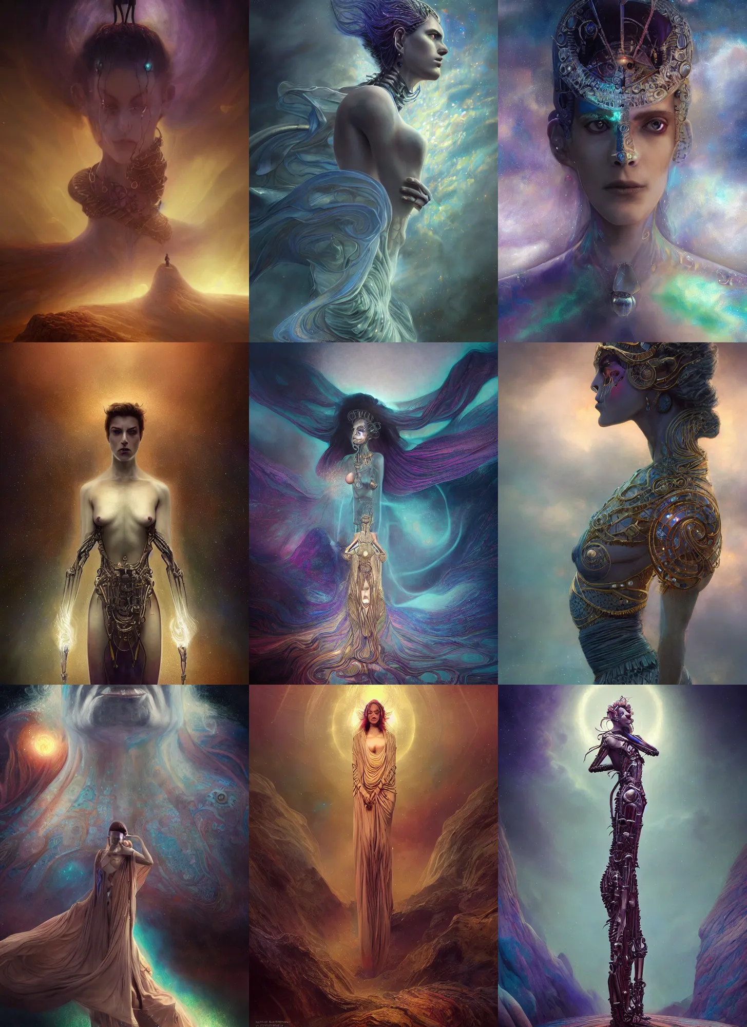 Prompt: epic/beautiful portrait of menacing/anxious/biomechanical Djinn overseeing the iridescent fabric of the universe, by charlie bowater, mandy jurgens, gustav klimt, octane render, dramatic camera angle, 4k, 8k, high detail, HDR, by tom bagshaw, powerful, with inspiration from Beksinski