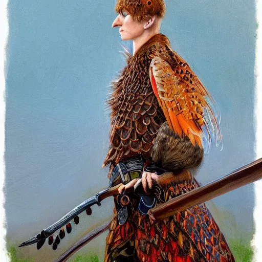 Image similar to a pheasant is girded with a belt, sword on the belt, by lily seika jones , rivuletpaper art, top cinematic lighting, cinematic mood, very detailed, by Viktor Vasnetsov, oil painting, soft style, high resolution, trending on artstation, steps 50