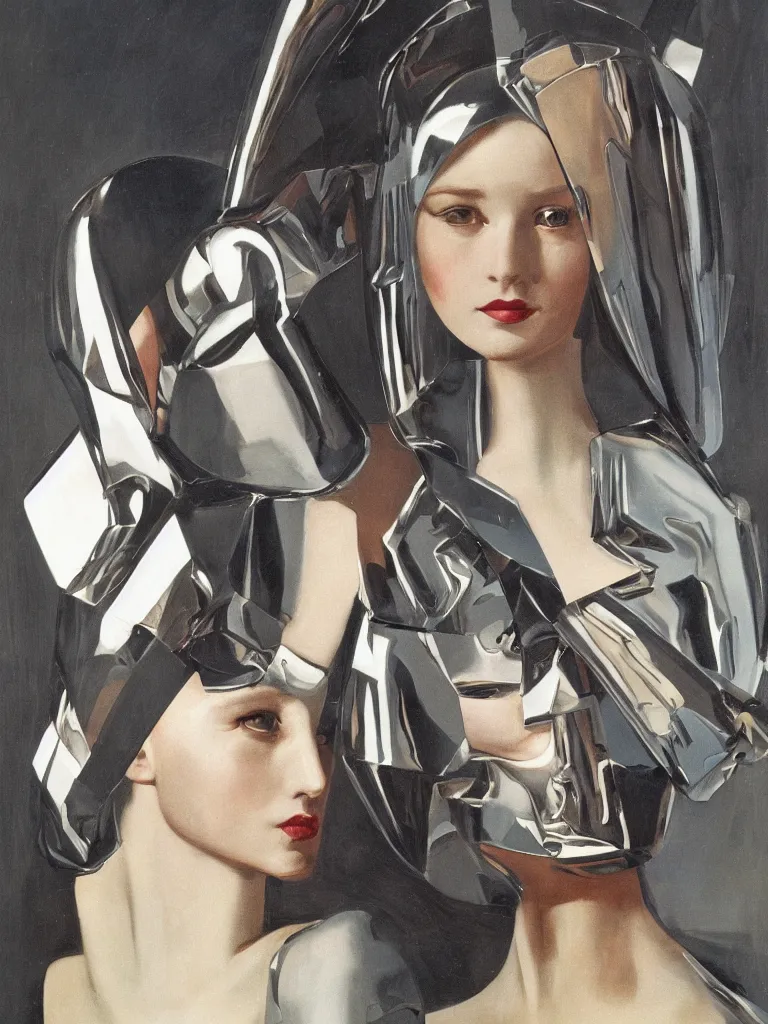 Prompt: a Royal portrait of chrome android woman as illustrated by Nikolai Lutohin. 1971