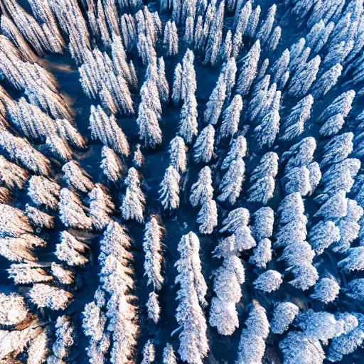 Image similar to sattelite image of snow from 150 meters height, some cutted trees and frozen trees covered with ice and snow, old lumber mill remains, beautiful winter area