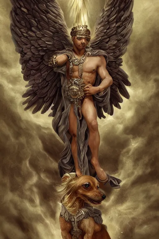 Prompt: God with a Chihuahua's head, a radiant halo and wings, detailed face, gorgeous, flowing hair, very muscular male body, partial anatomy, stormy and grand war scene, delicate and intricate borders for decoration, caesar victorious, proud Emperor, split lighting, character close-up, intricate, highly detailed, 8K, digital painting, fantasy, concept art, sharp focus, art by greg rutkowski beeple and alphonse mucha