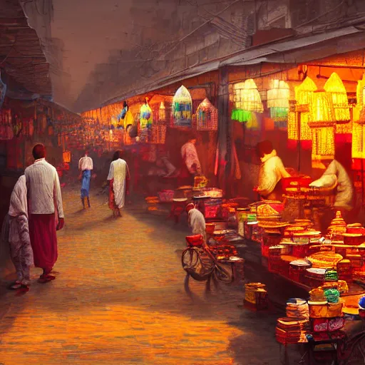 Image similar to bazaar in delhi. art by salman toor. global illumination, radiant light, detailed and intricate environment, atmospheric light, cinematic, trending on artstation