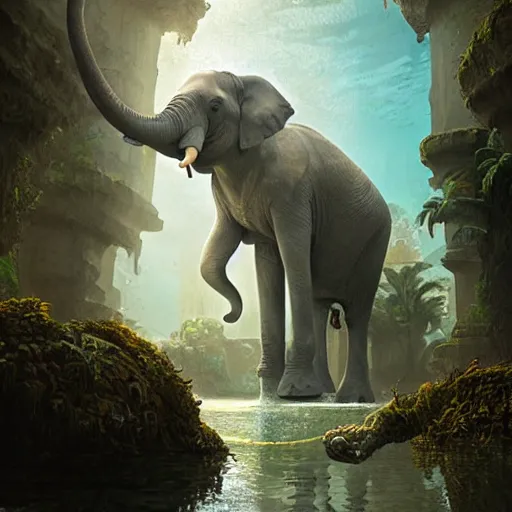 Image similar to an elephant discovering the lost city of atlantis,digital art,detailed,ultra realistic,art by greg rutkowski
