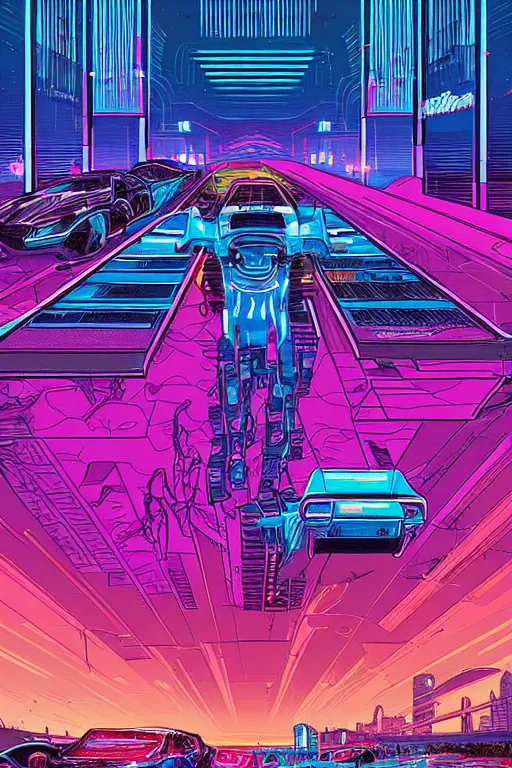 Prompt: thunders in the sky in a future cybernetic city, outrun style and colours, trending on arstation, by dan mumford, by ross tran