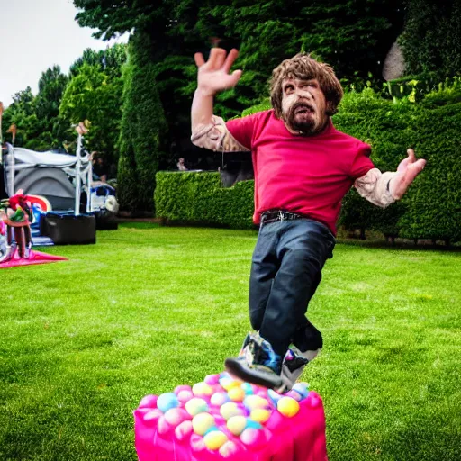 Prompt: peter dinklage jumping in a bouncey castle at a birthday party, ( sony a 7 r iv, symmetric balance, polarizing filter, photolab, lightroom, 4 k, dolby vision, photography awardm, voque, perfect face )