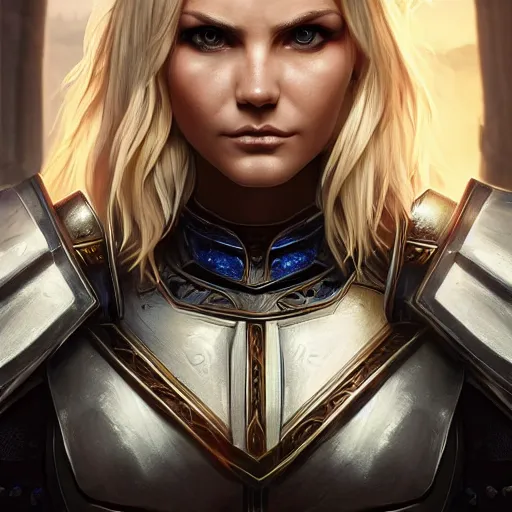 Image similar to front centered symmetrical RPG avatar portrait, Elisha Cuthbert as a paladin, blonde hair, ornate armour, dramatic lighting, cinematic, establishing shot, high detail, photo realistic, cinematic lighting, post processed, 8k, concept art, artstation, matte painting, in the style of eddie mendoza, raphael lacoste, alex ross