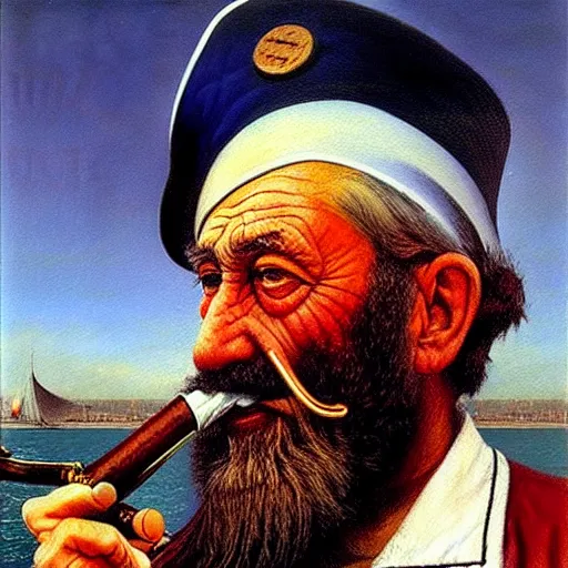 Image similar to painting of sailor hobo hyperrealism vasily vereshchagin with pipe
