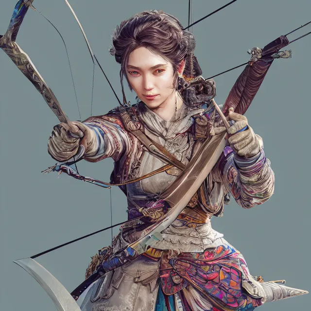 Image similar to the portrait of lawful neutral semi - colorful female archer huntress as absurdly beautiful, gorgeous, elegant, young woman, an ultrafine hyperdetailed illustration by kim jung gi, irakli nadar, intricate linework, bright colors, octopath traveler, final fantasy, unreal engine 5 highly rendered, global illumination, radiant light, detailed and intricate environment