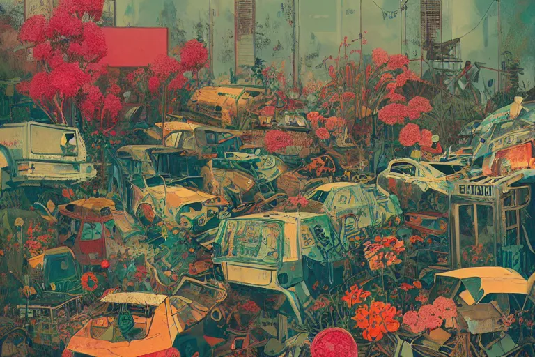 Prompt: a dystopic junkyard, detailed painting, overgrown with flowers, art by Sachin Teng, beautiful lush colors