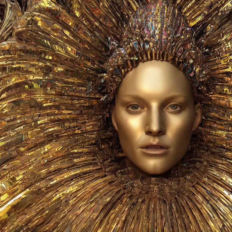Prompt: octane render portrait by wayne barlow and carlo crivelli and glenn fabry, a giant beautiful woman wearing beautiful headdress and dress made out of shiny smooth reflective colorful iridescent metal, inside a giant massive dramatic cavernous art gallery, cinema 4 d, ray traced lighting, very short depth of field, bokeh