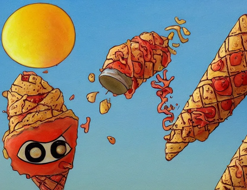 Prompt: a very detailed realistic painting of a lazy red burned tomato with 1 0 googly eyes on a sunny beach eating ice cream in a cone walking away, a sunset by james jean