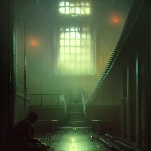 Prompt: psychiatric asylum, blood stains on the wall, horror scene, eerie atmosphere, by greg rutkowski and gaston bussiere, fluorescent lighting, beautiful volumetric - lighting - style atmosphere, futuristic atmosphere, intricate, detailed, photorealistic imagery, artstation