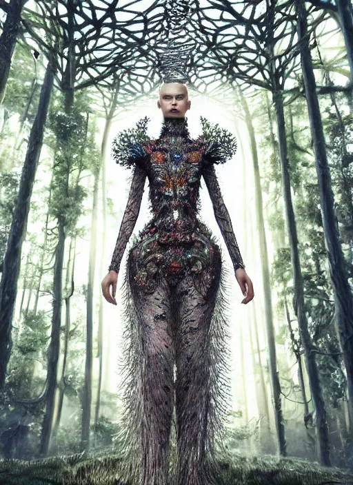 Image similar to a beautiful hyperrealistic ultradetailed 3D, one girl in a magnificent McQueen couture clothes on the background of a futuristic forest, Designer clothes, futuristic clothes, clothes from the future, biopunk, voge photo, fashion style, fullbody, in full growth, intricate, elegant, highly detailed, artstation, concept art, smooth, sharp focus, illustration, art by and greg rutkowski and orientalism and bouguereau and Zdzislaw Beksinski, good clear quality, lighting,