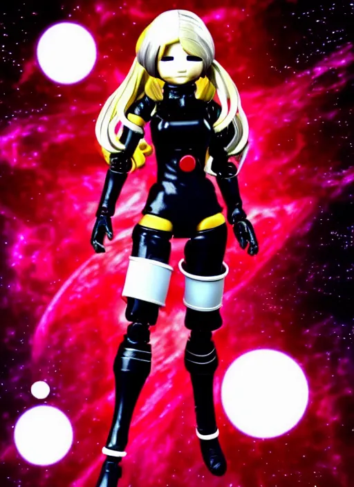 Prompt: 80s Action figure of a hopeful pretty astronaut lady with a wavy blonde hair, 4k resolution, nier:automata inspired, bravely default inspired, vibrant but dreary but upflifting red, black and white color scheme!!! ((Space nebula background))