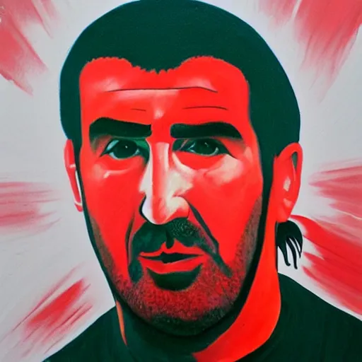 Image similar to a painting of Eric Cantona, in front of a red wall, dripping.